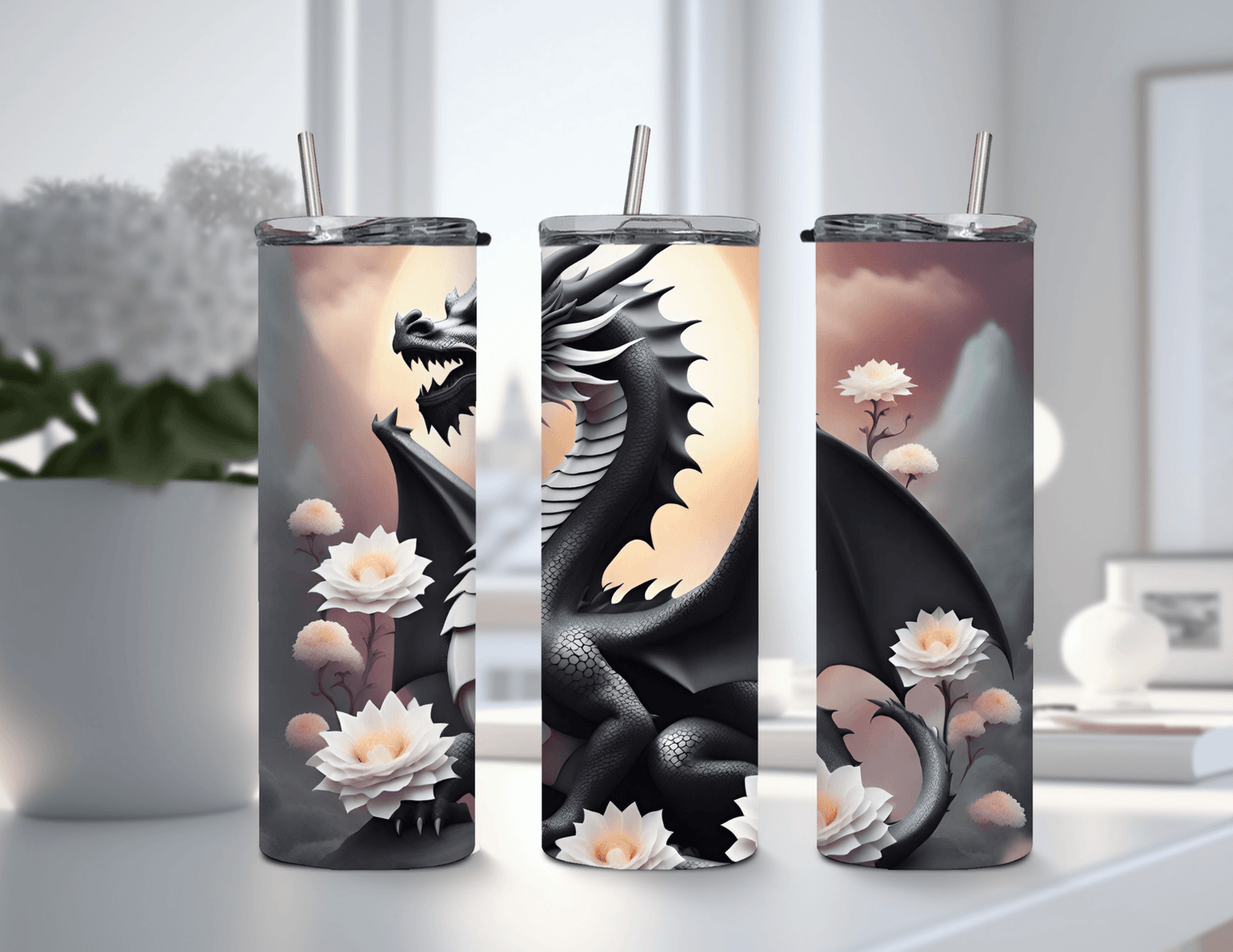 Dragon Black and White with Flowers 20 oz Skinny Tumbler