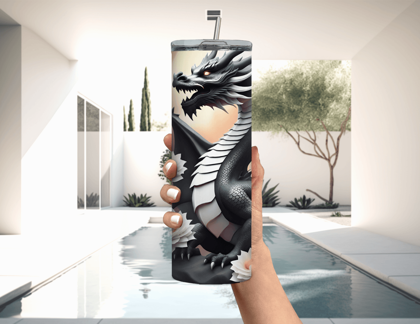 Dragon Black and White with Flowers 20 oz Skinny Tumbler