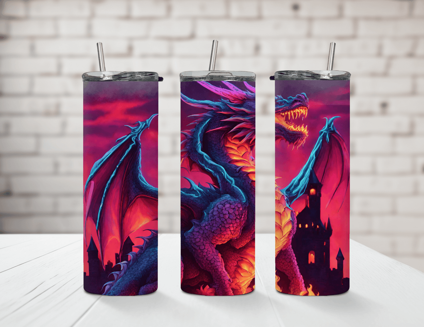 Dragon Neon with Castle 20 oz Skinny Tumbler