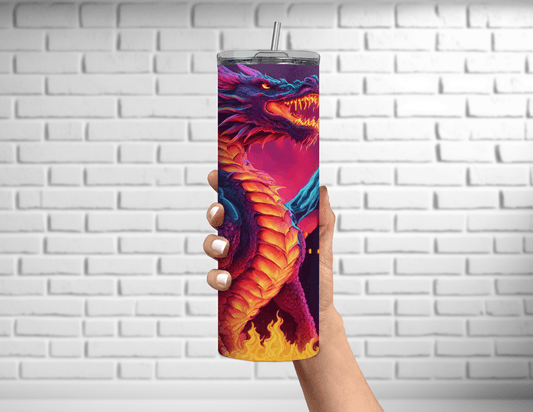 Vaso estrecho de 20 oz con diseño de dragón neón y castillo