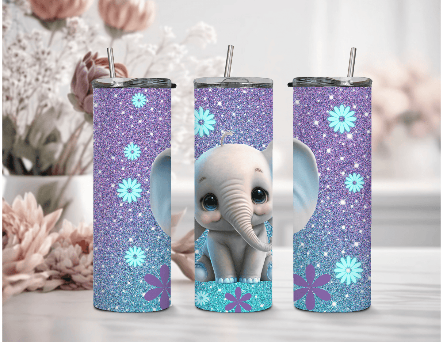 Elephant Purple Teal Glitter 20 oz Skinny Tumbler