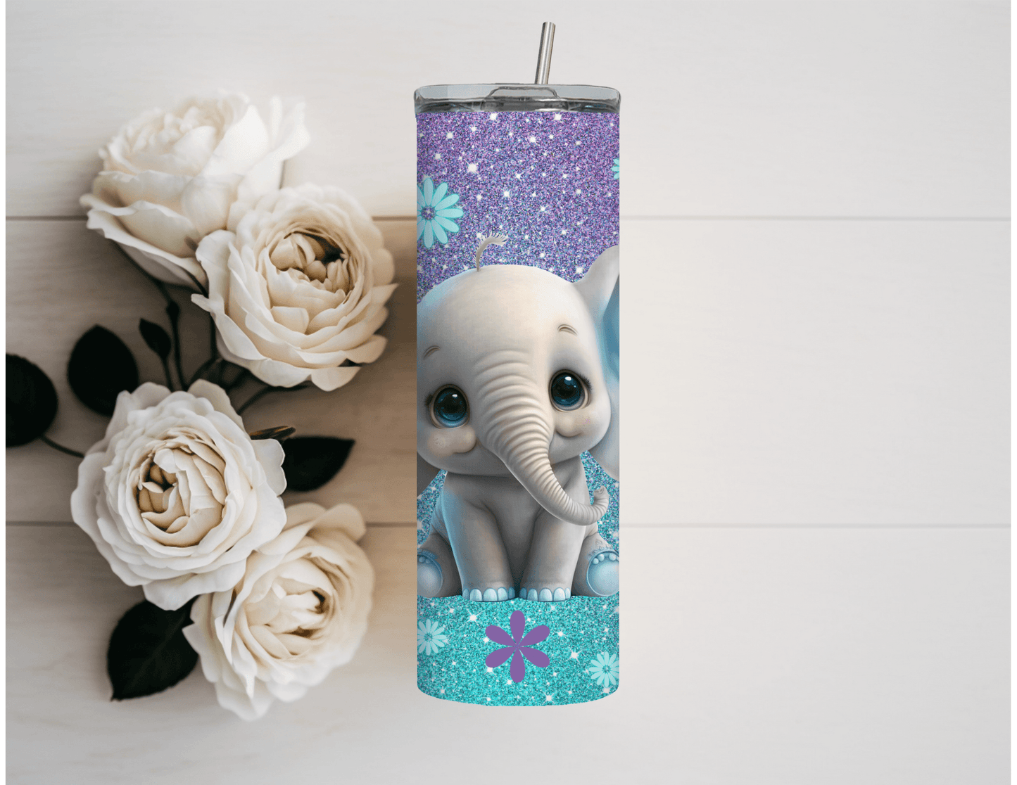 Vaso estrecho de 20 oz con purpurina verde azulado y diseño de elefante