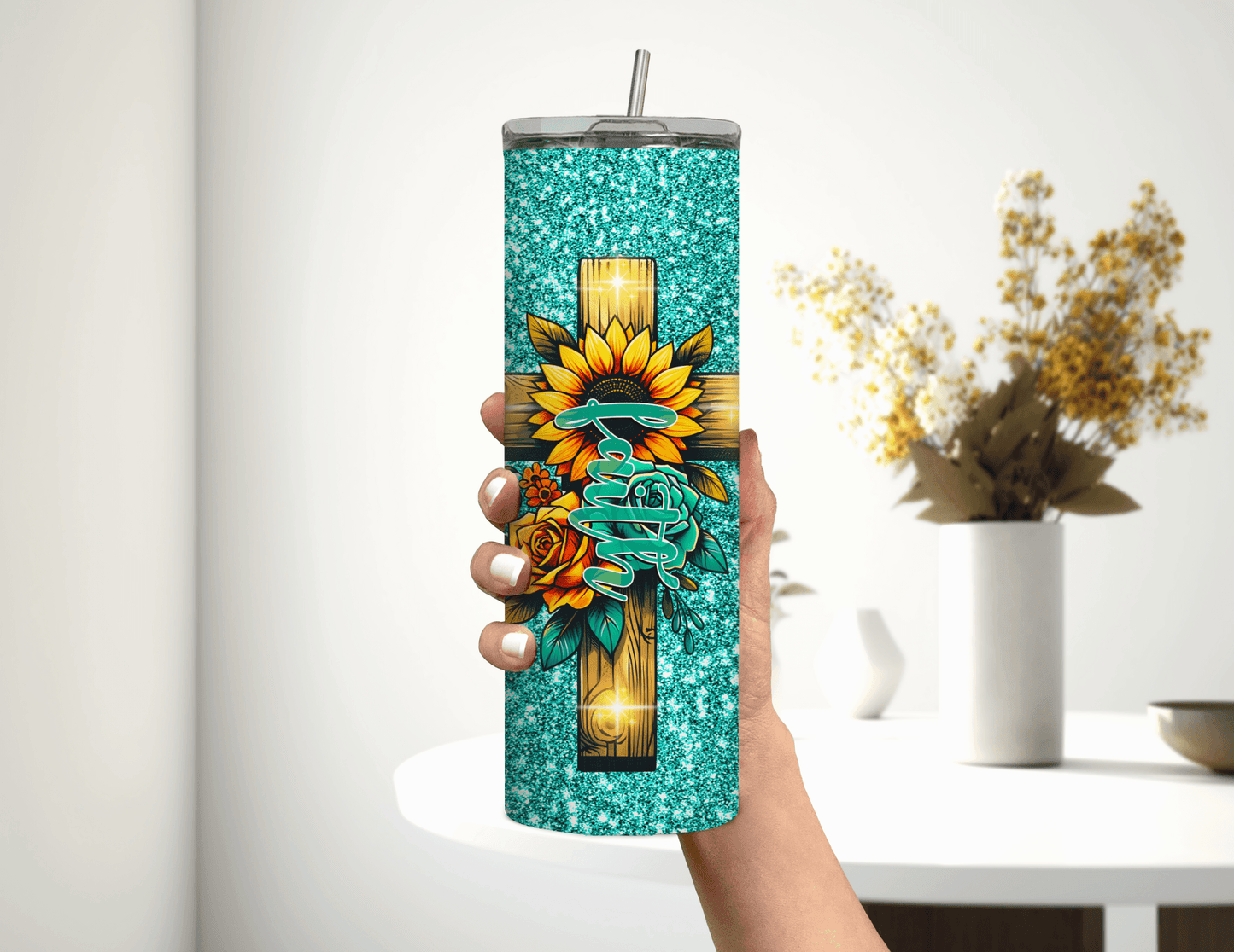 Faith Cross with Teal 20 oz Skinny Tumbler