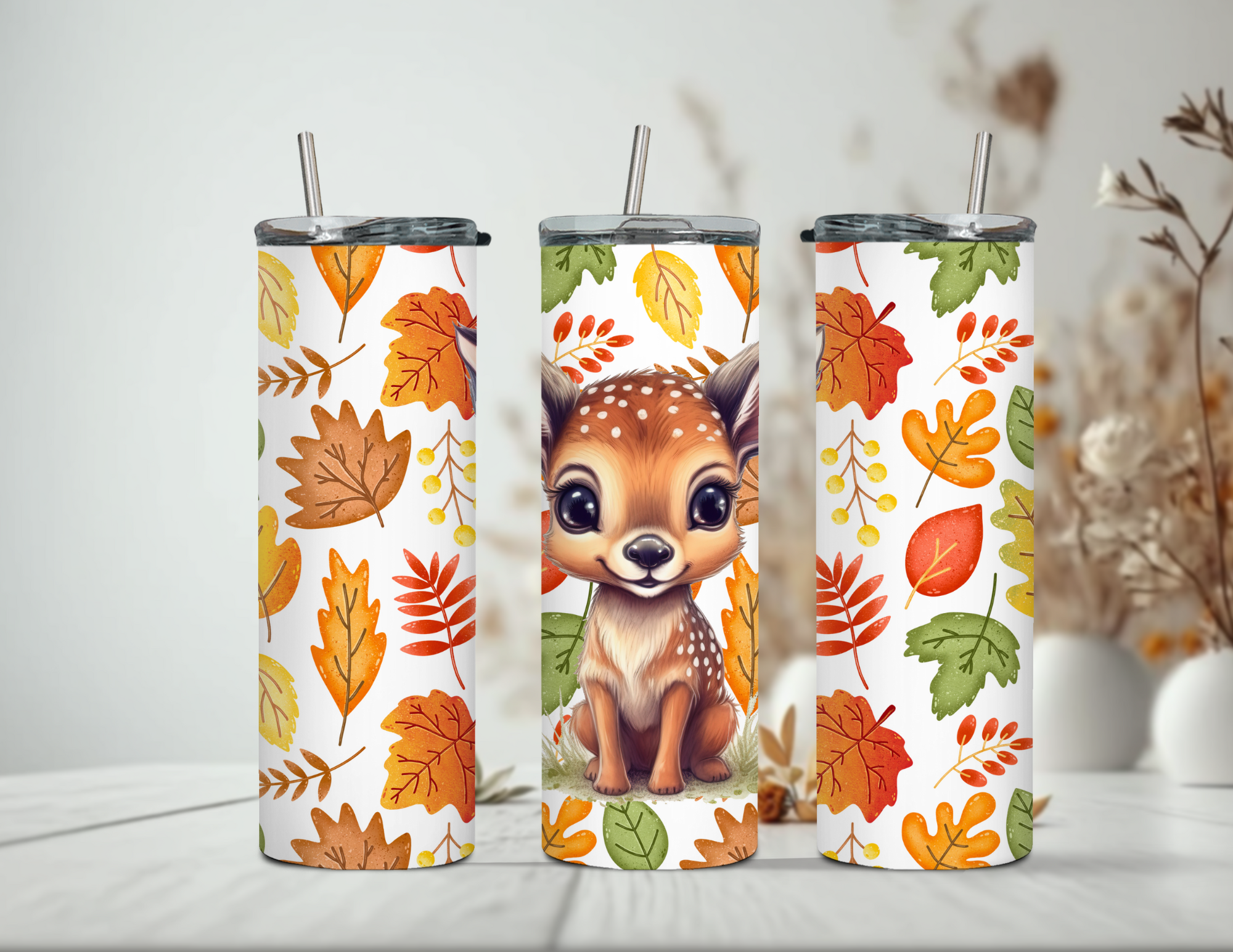 Vaso estrecho de 20 oz con diseño de ciervo bebé de otoño