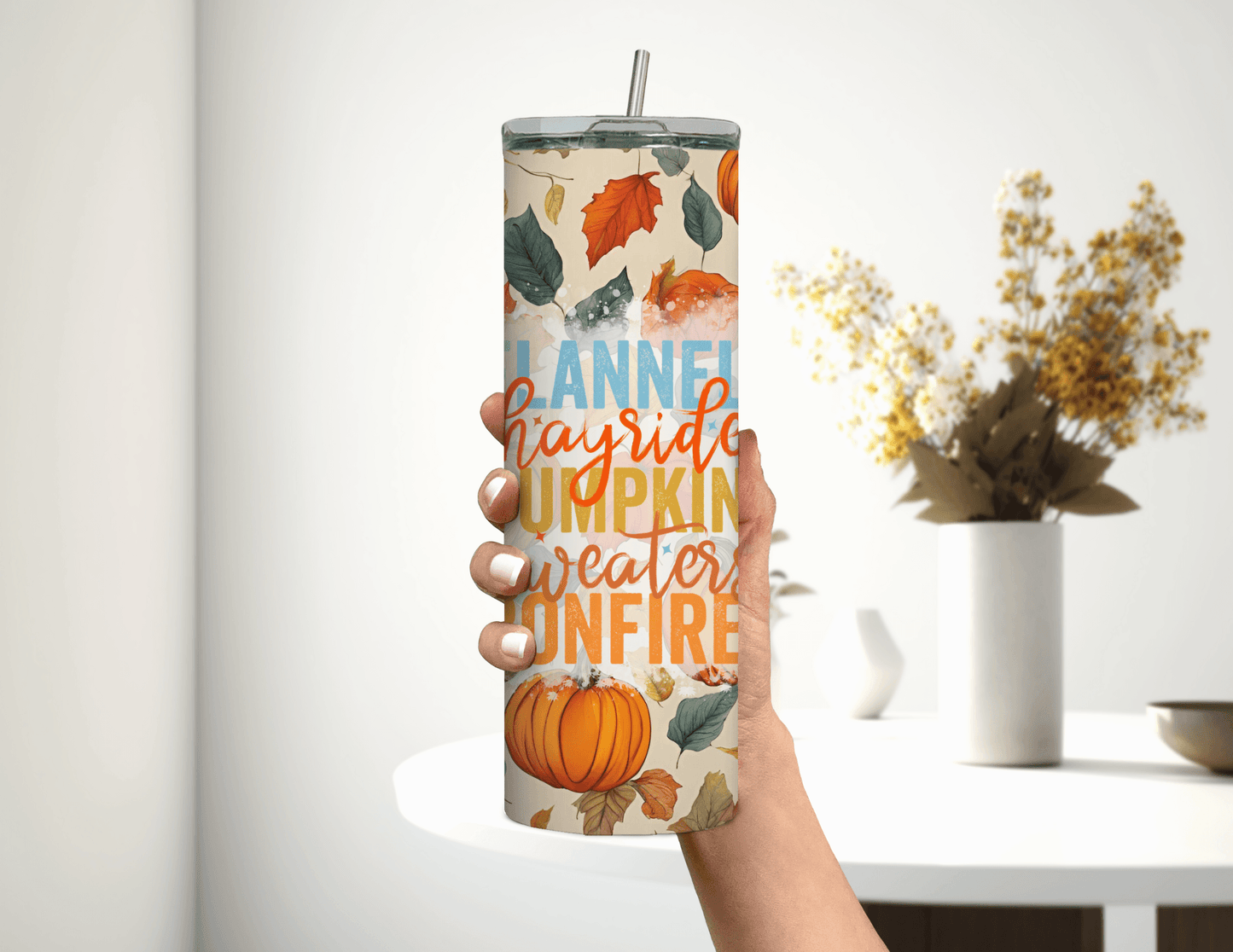 Vaso delgado de 20 oz con diseño de franela y paseos en carreta de otoño