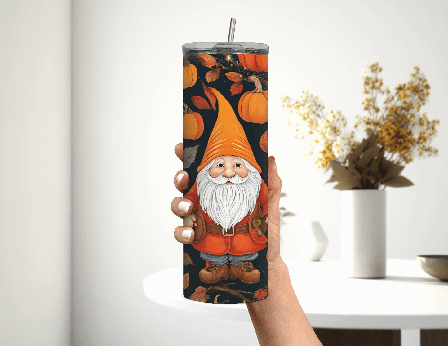 Vaso delgado de 20 oz con forma de gnomo de otoño y calabazas