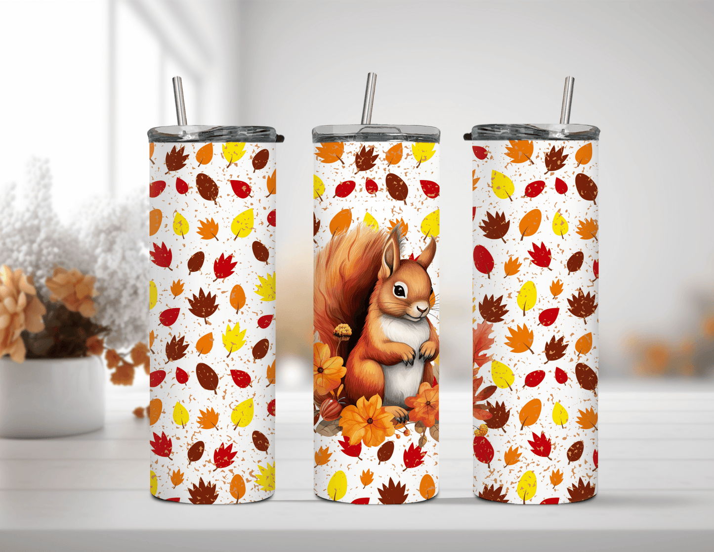 Fall Squirrel with Leaves 20 oz Skinny Tumbler