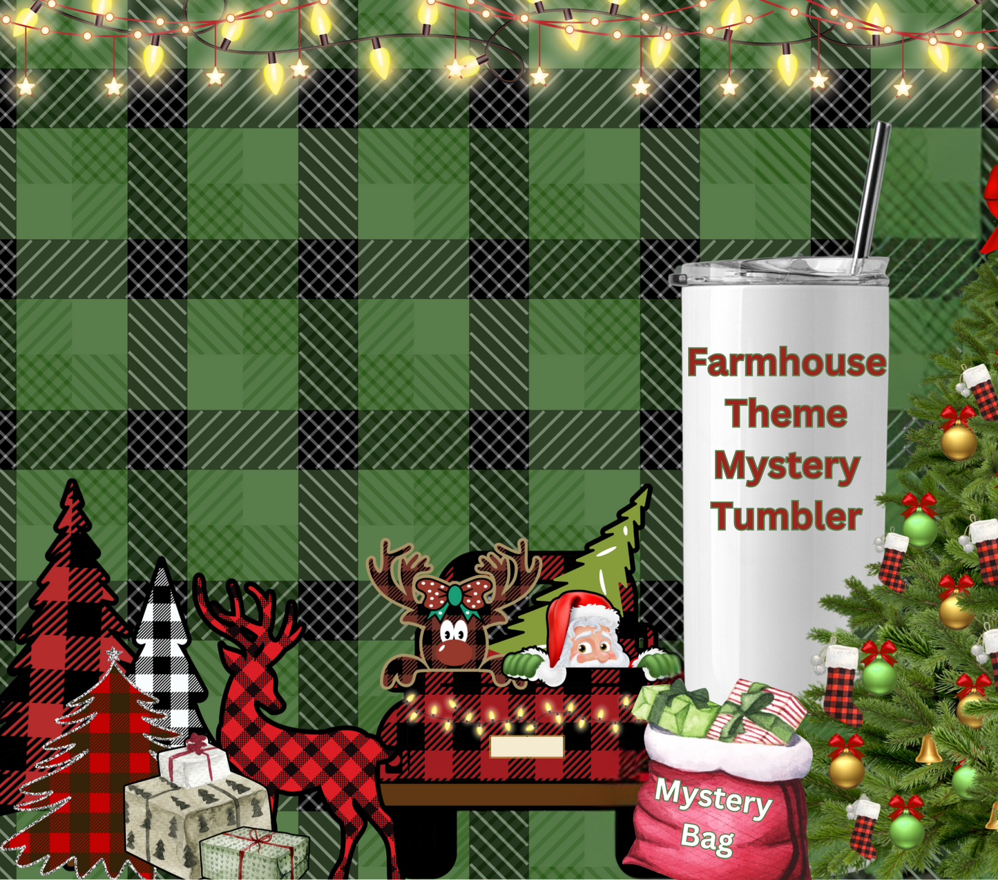 Christmas Farmhouse Theme Mystery Tumbler 20oz with Mystery Gift Bag