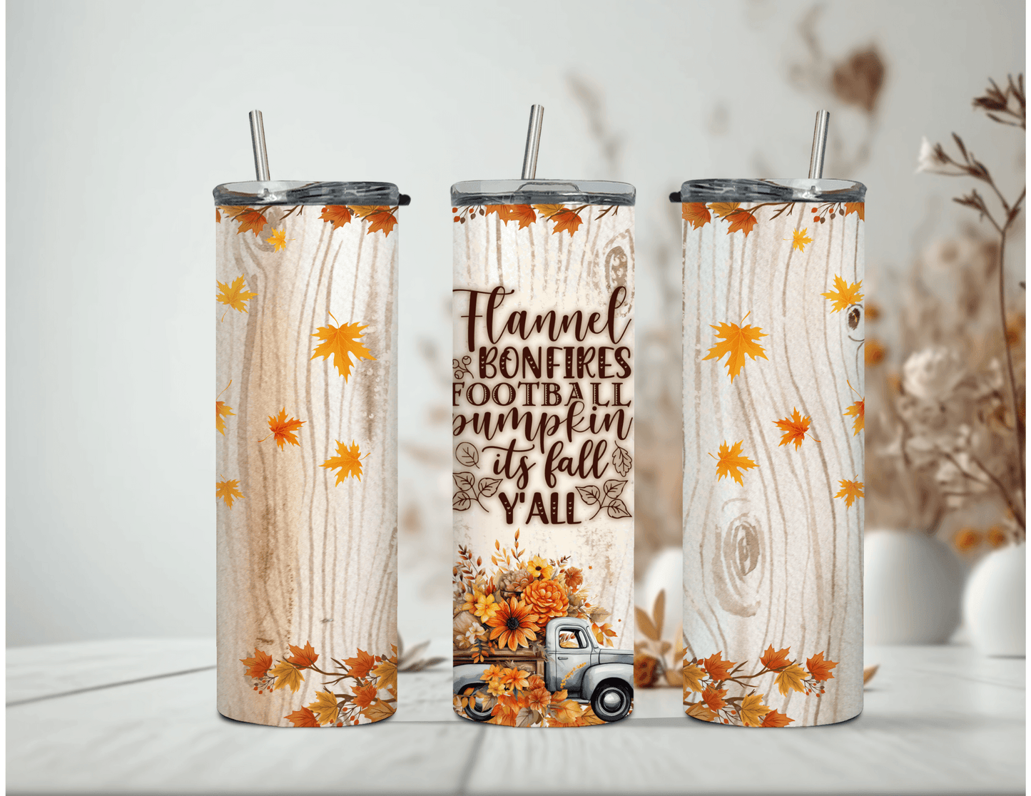 Flannel Bonfires Football Pumpkin It's Fall Yall 20 oz Skinny Tumbler