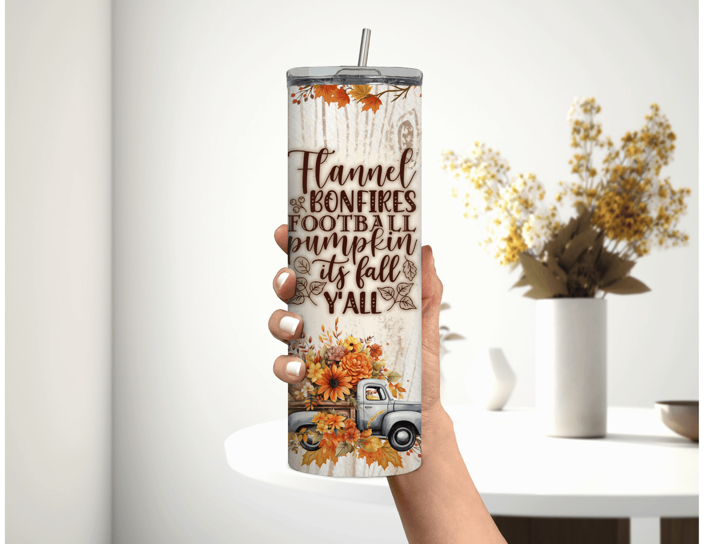 Flannel Bonfires Football Pumpkin It's Fall Yall 20 oz Skinny Tumbler