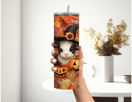 Vaso delgado de 20 oz con diseño de vaca bruja bebé de Halloween