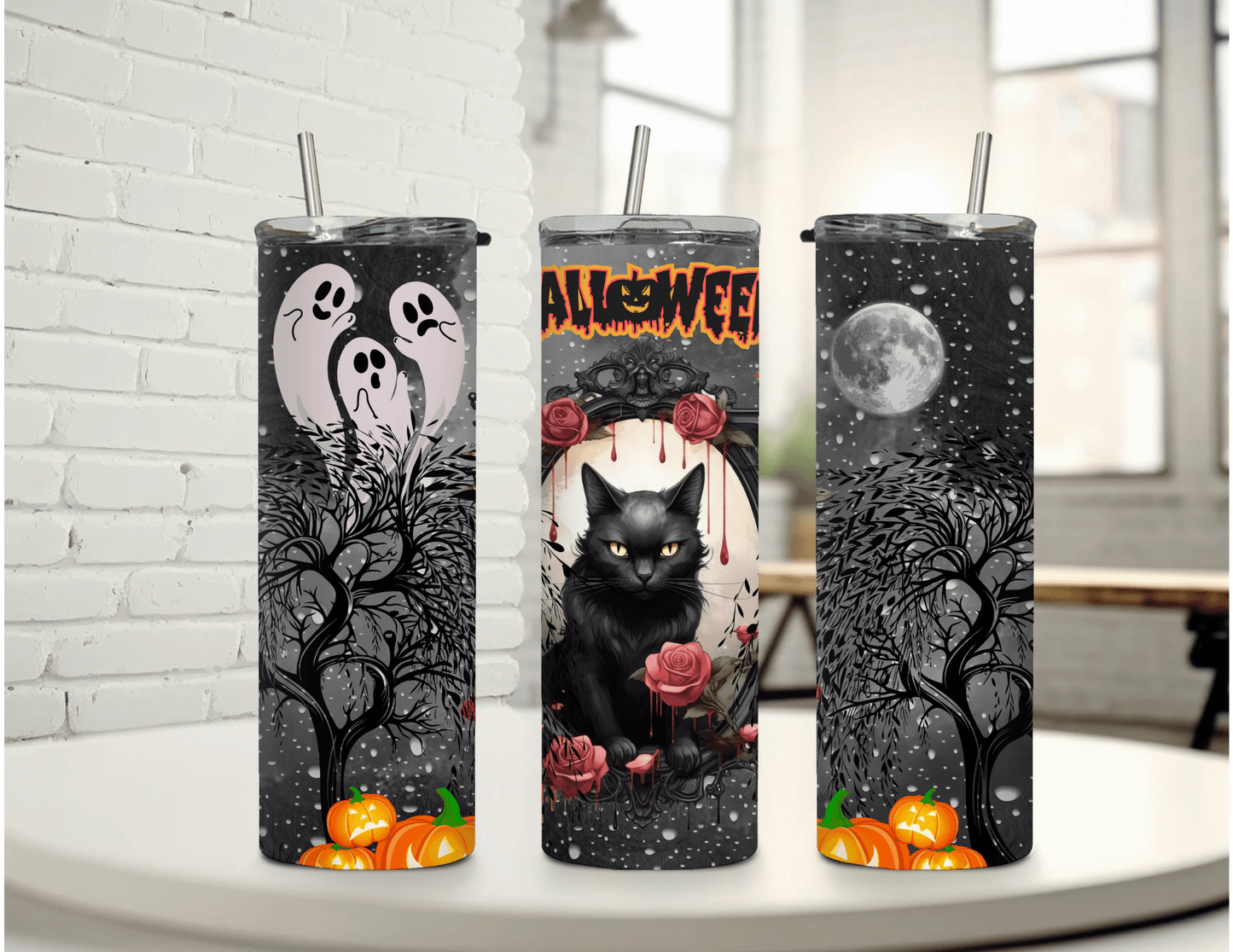 Vaso delgado de 20 oz con diseño de gato negro y espejo para Halloween