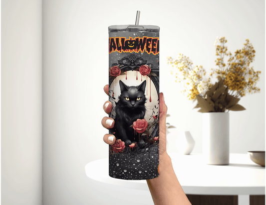 Vaso delgado de 20 oz con diseño de gato negro y espejo para Halloween