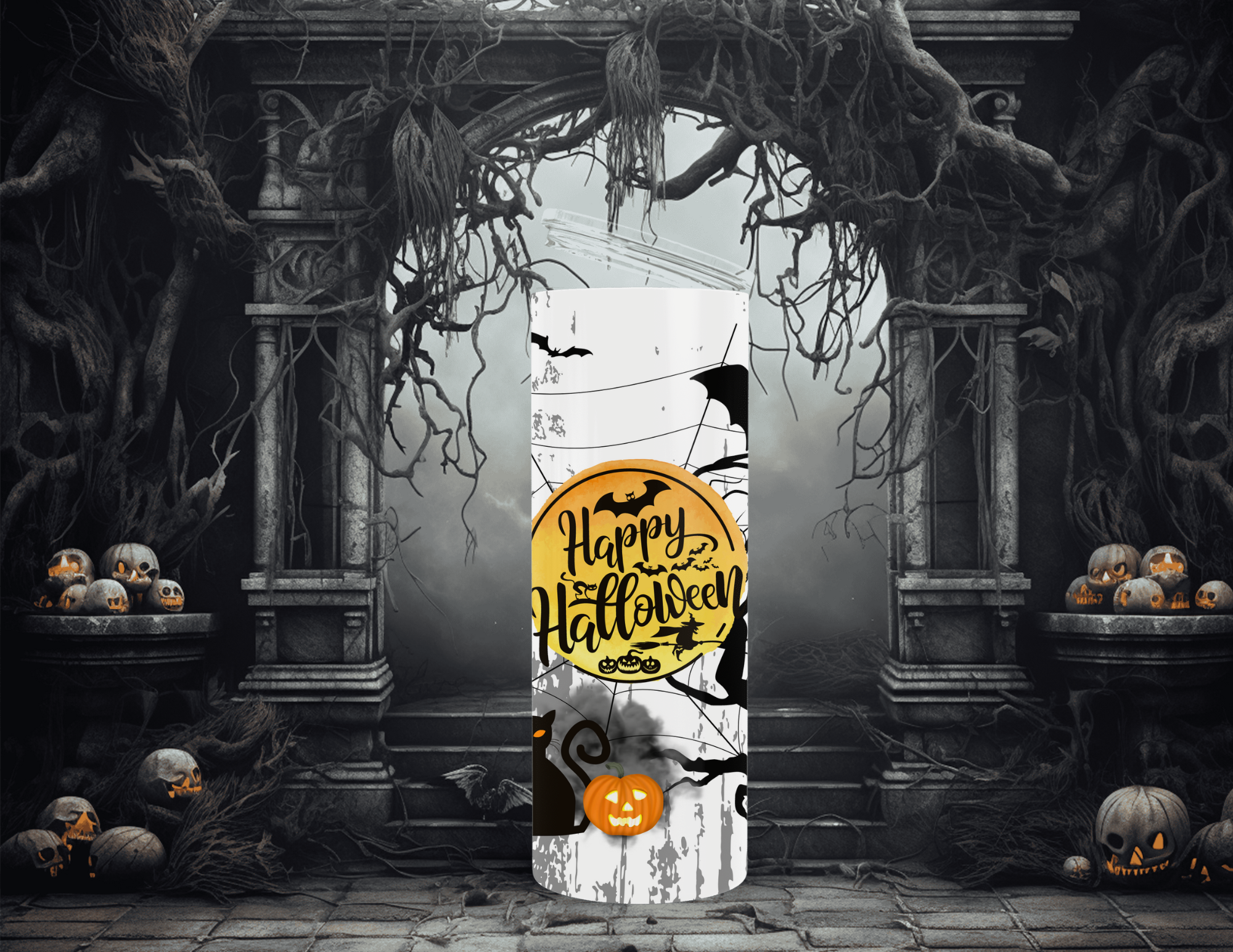 Halloween Black and White Happy Halloween 20 oz Skinny Sublimation Tumbler