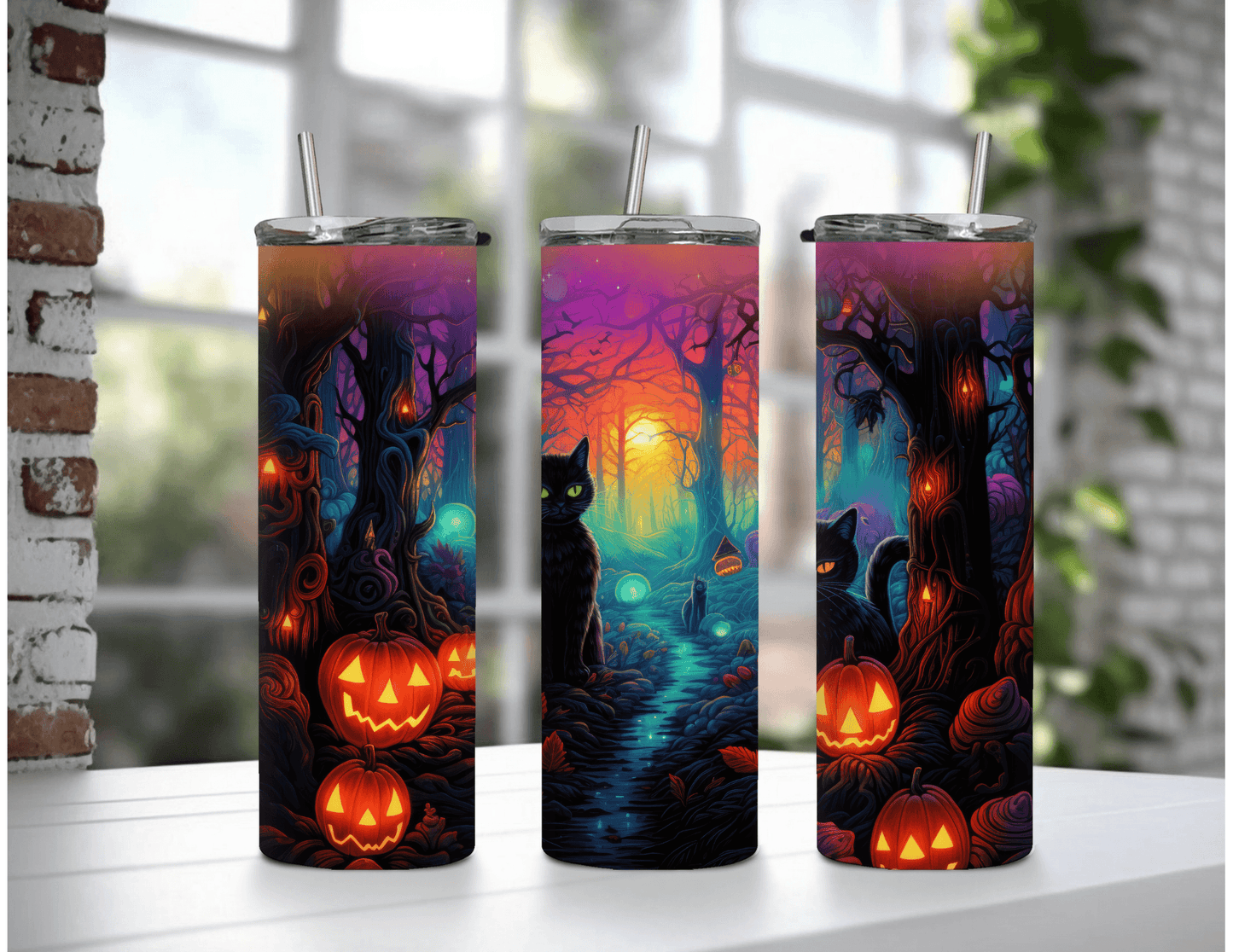 Vaso delgado de 20 oz con diseño de gatos en el camino para Halloween