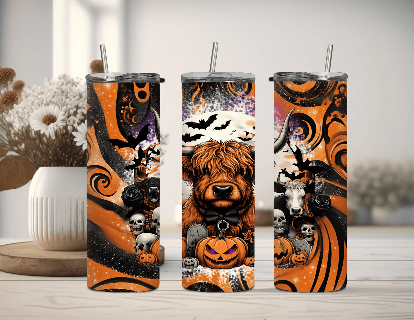 Halloween Highland Cow with Skulls 20 Oz Skinny Tumbler