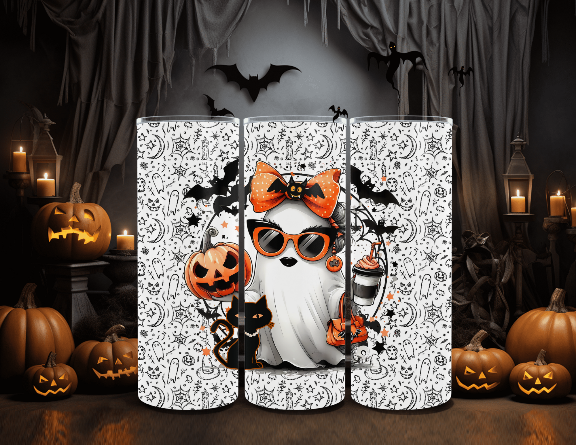 Halloween Ghost Girl Orange and Black 20 oz Skinny Sublimation Tumbler