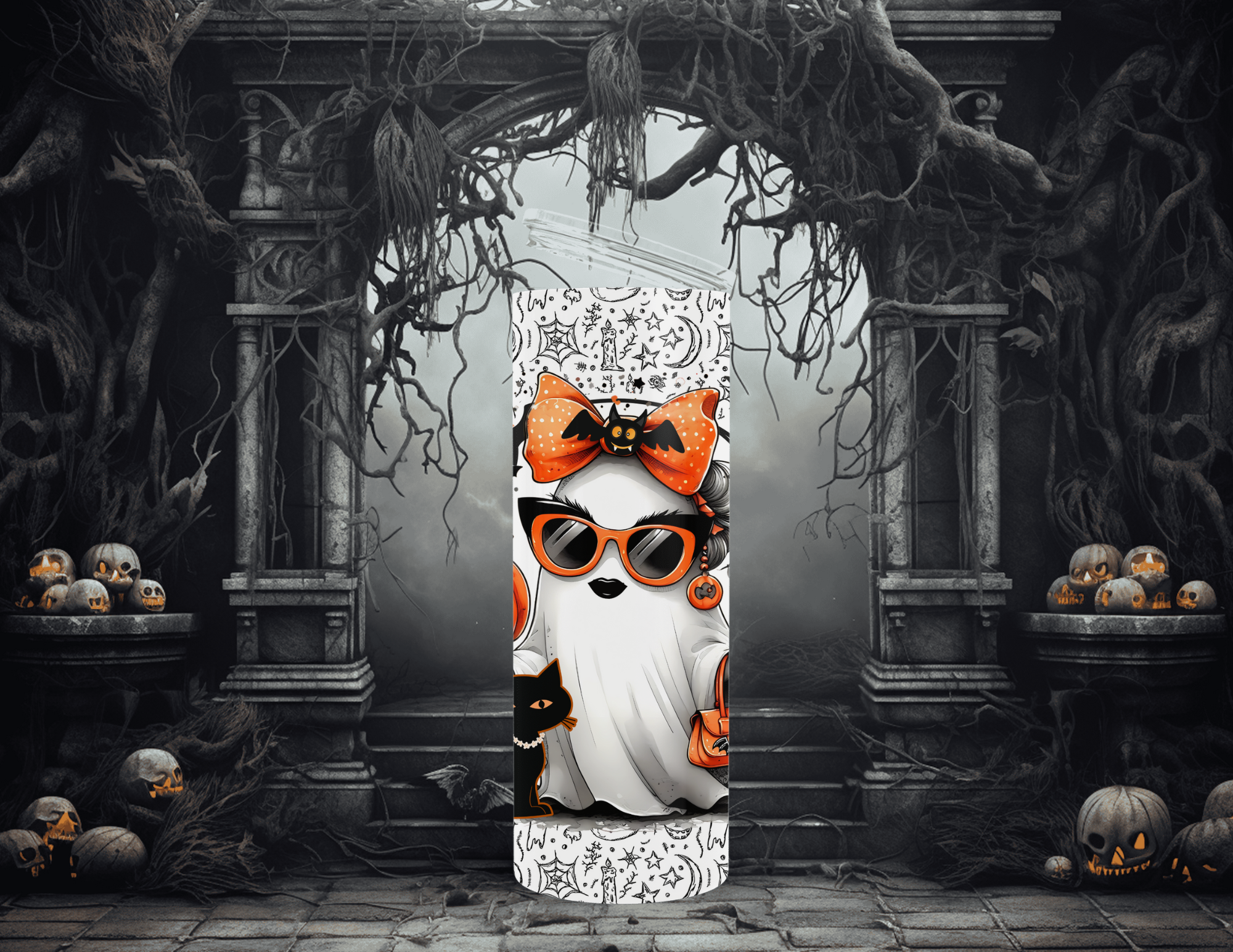 Halloween Ghost Girl Orange and Black 20 oz Skinny Sublimation Tumbler