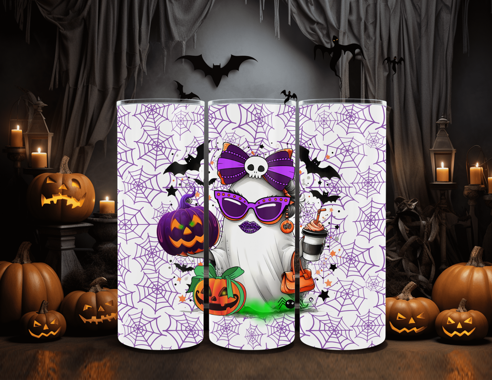 Halloween Ghost Girl Purple Webs 20 oz Skinny Sublimation Tumbler