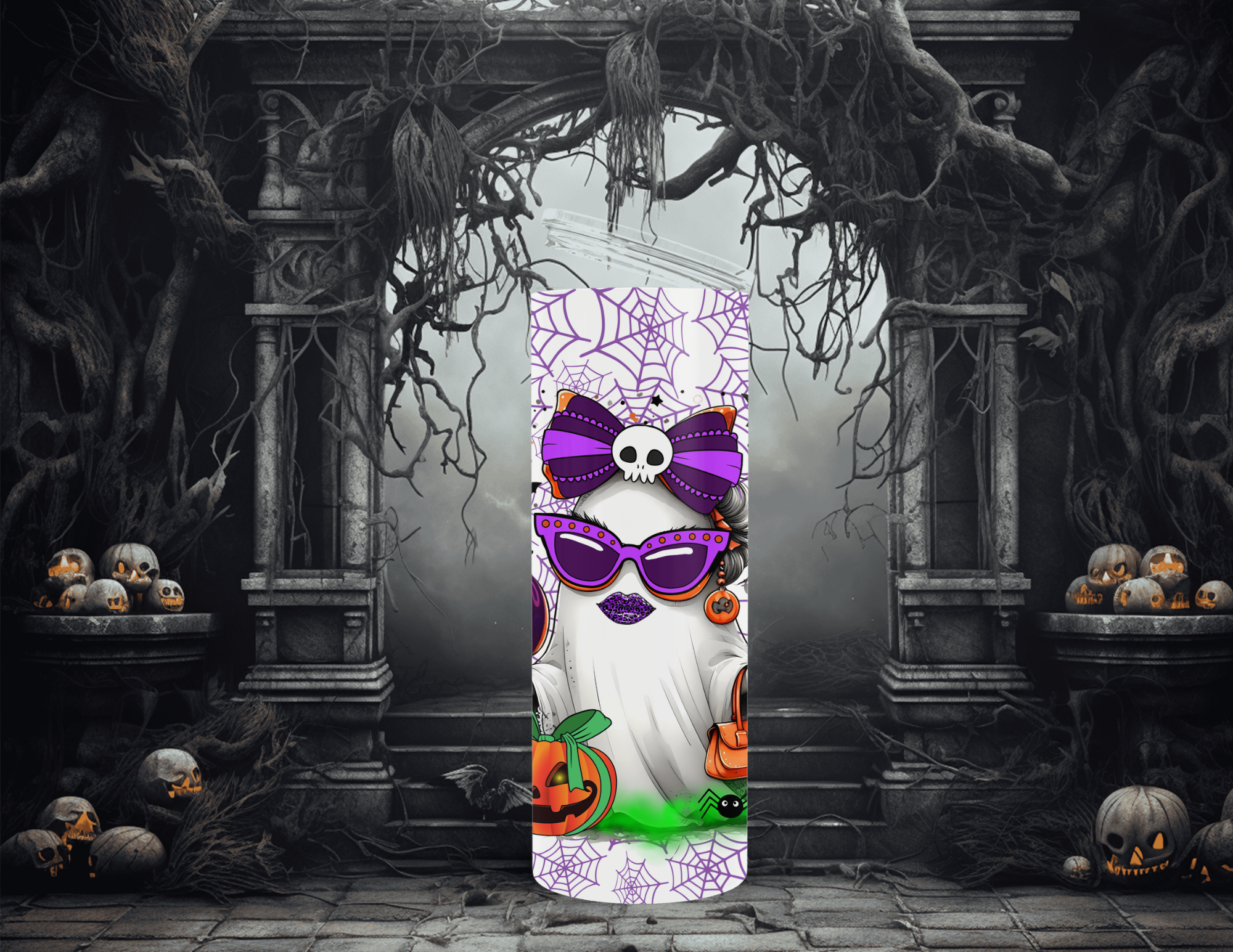 Halloween Ghost Girl Purple Webs 20 oz Skinny Sublimation Tumbler