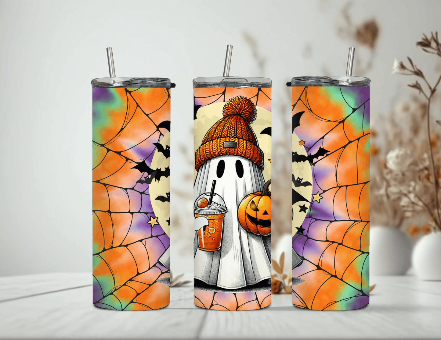 Vaso delgado de 20 oz con diseño de fantasma de Halloween y murciélagos