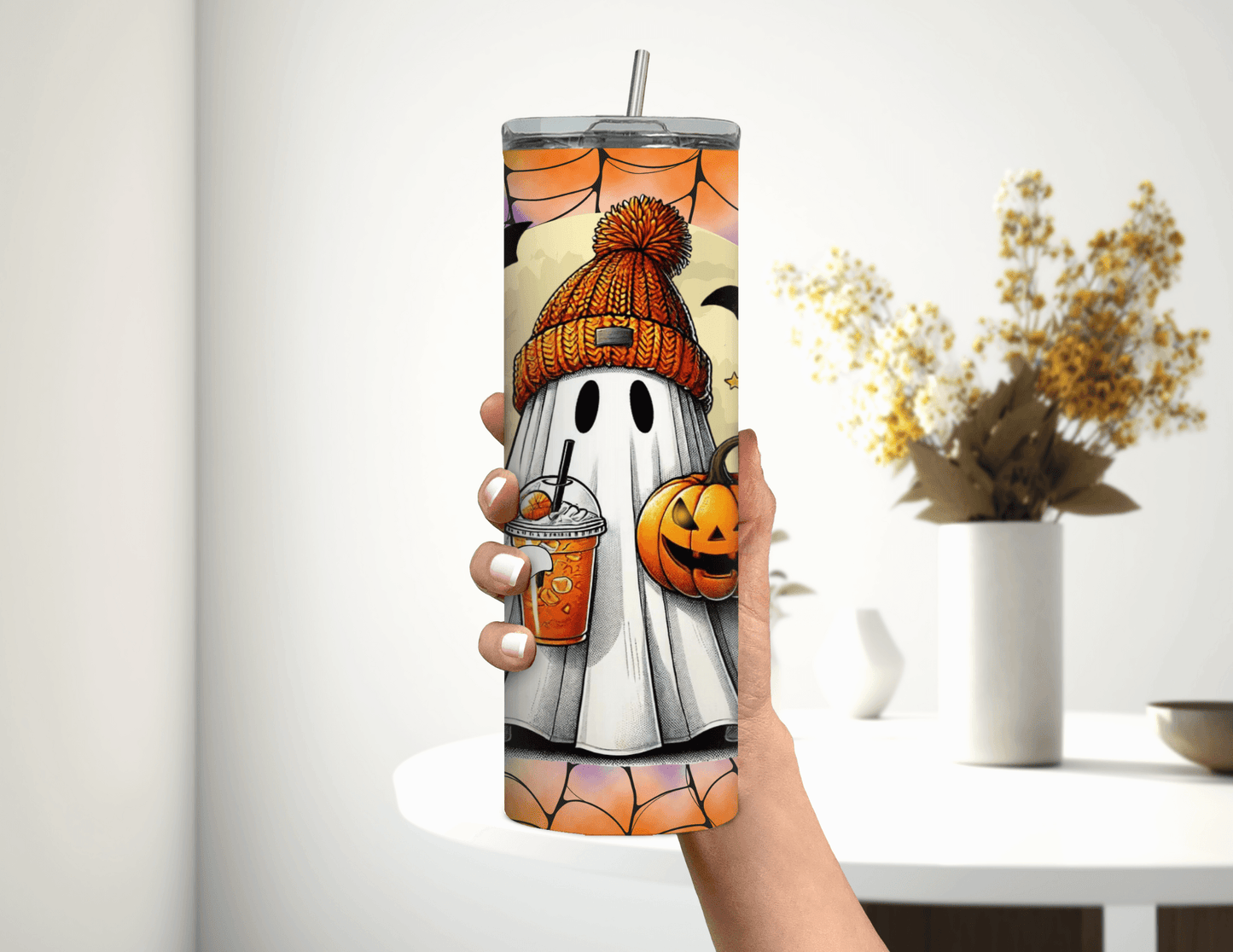 Vaso delgado de 20 oz con diseño de fantasma de Halloween y murciélagos