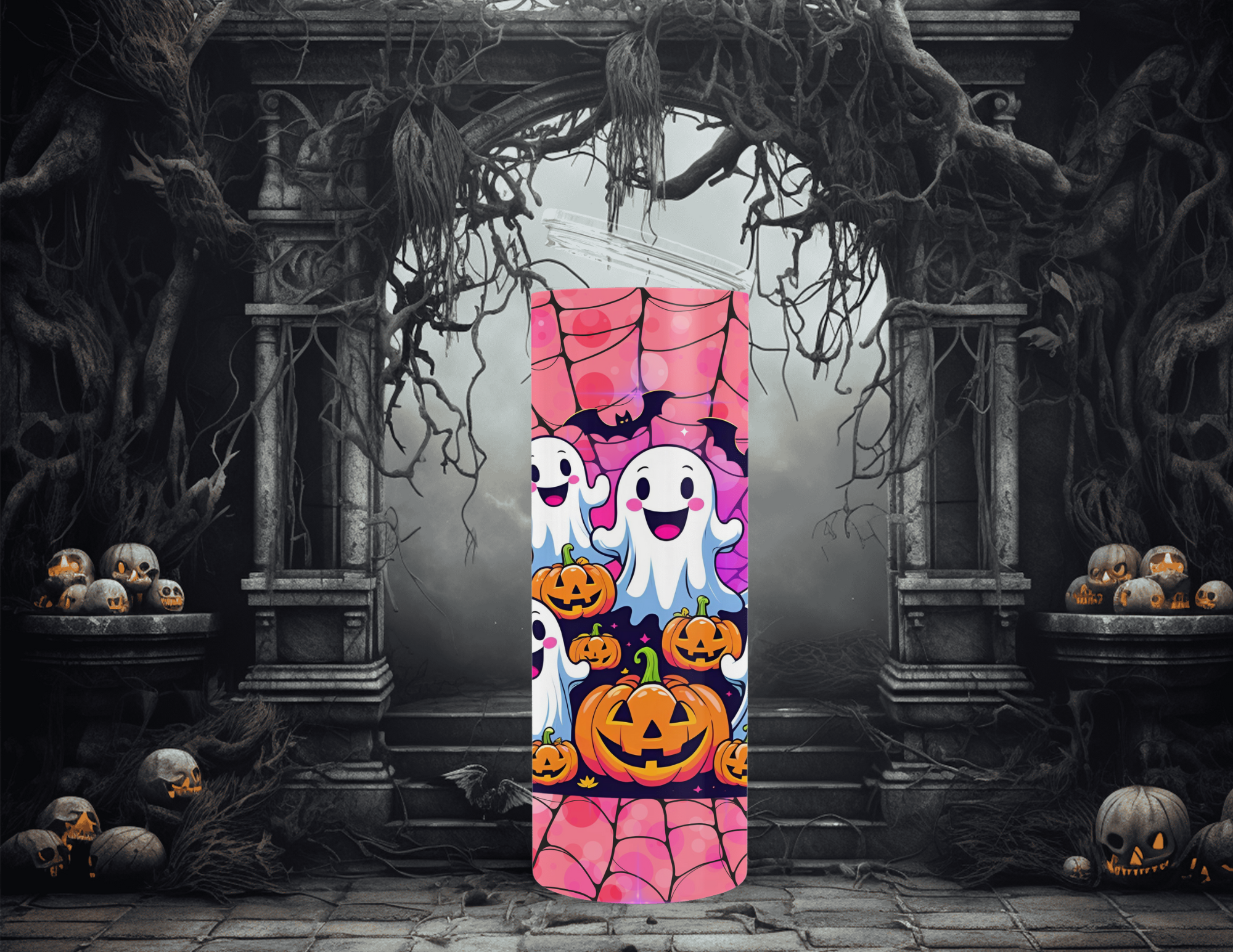 Halloween Ghosts Web Pink 20 oz Skinny Sublimation Tumbler