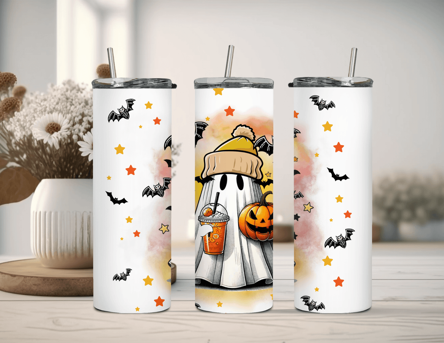 Vaso delgado de 20 oz con diseño de fantasma de Halloween y murciélagos