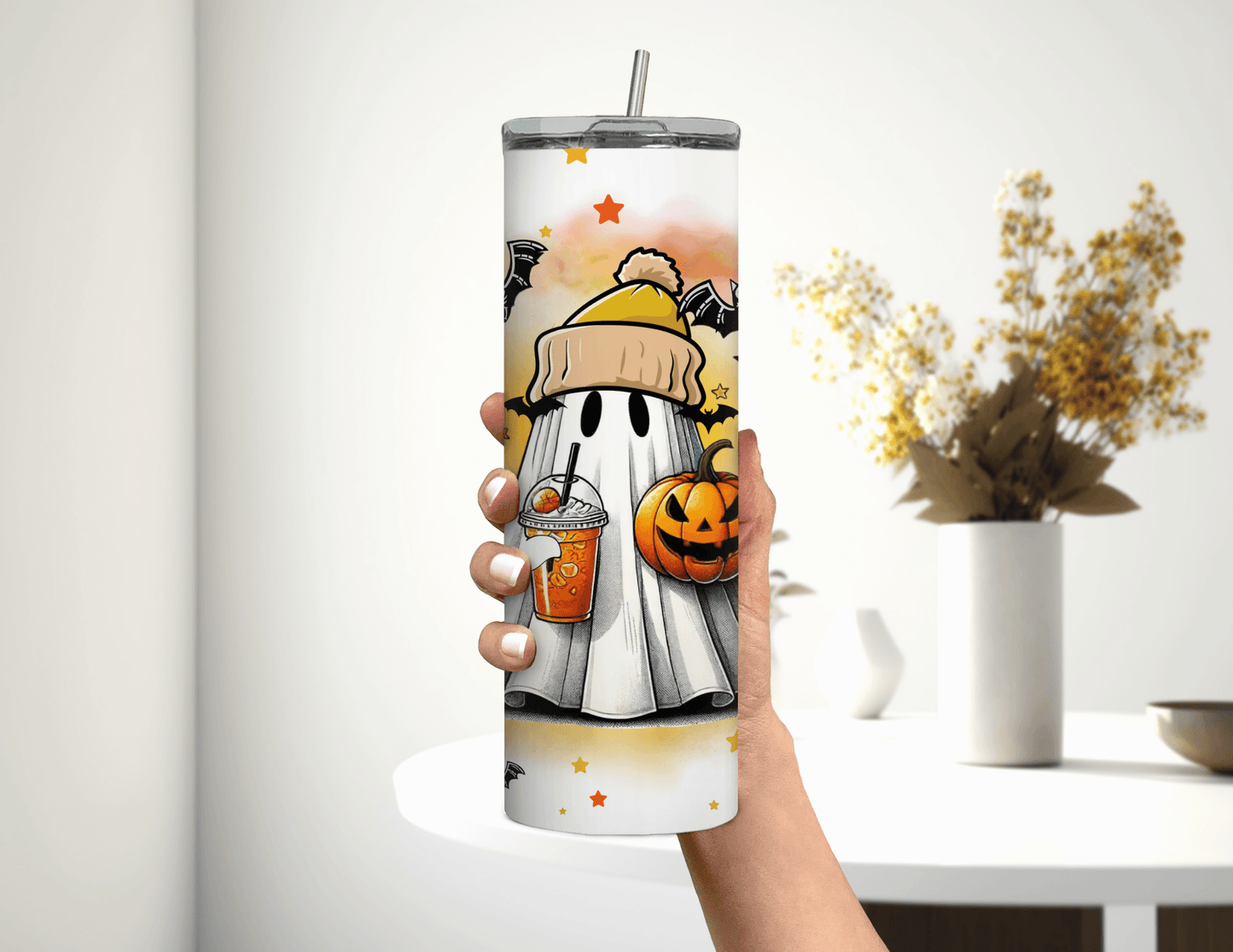 Vaso delgado de 20 oz con diseño de fantasma de Halloween y murciélagos