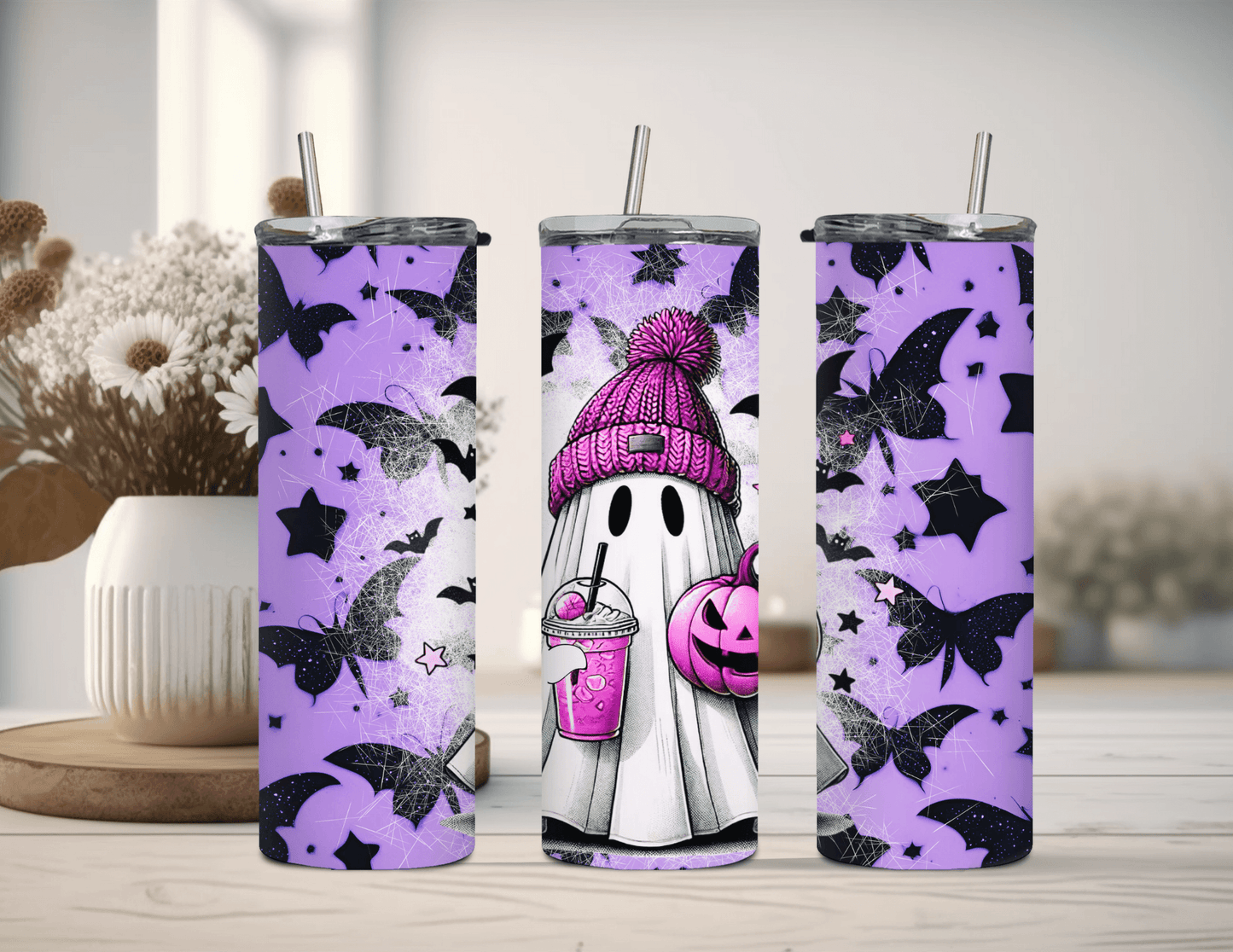 Vaso delgado de 20 oz con diseño de fantasma de Halloween y murciélagos