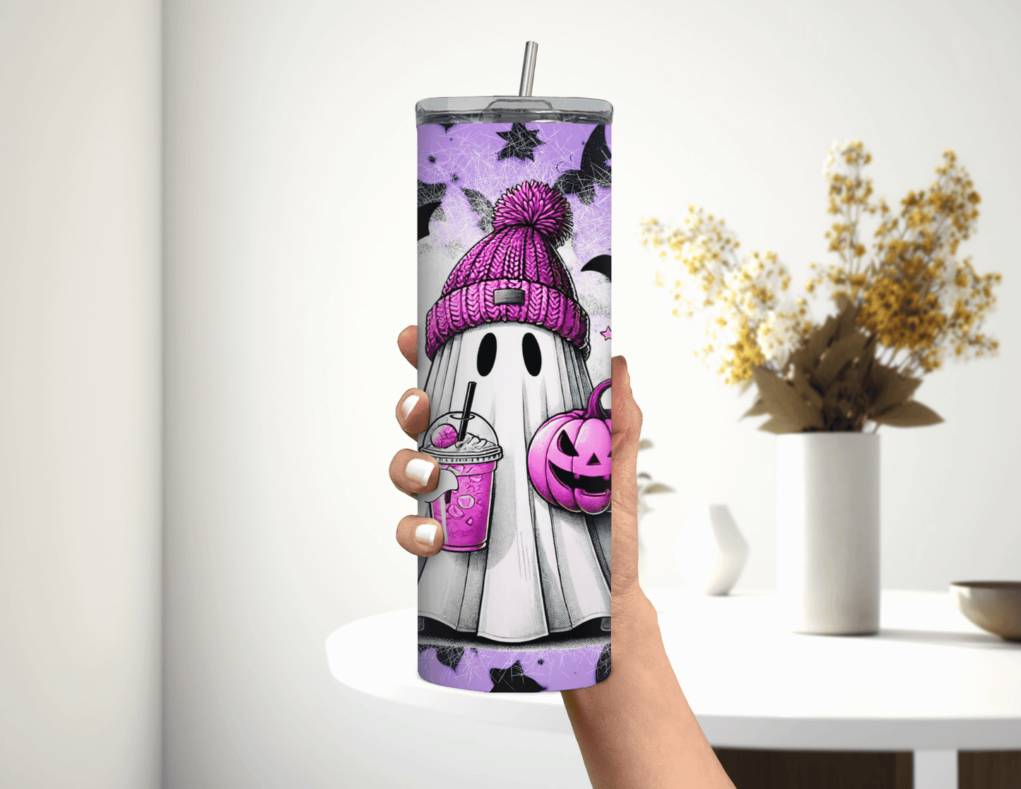 Vaso delgado de 20 oz con diseño de fantasma de Halloween y murciélagos