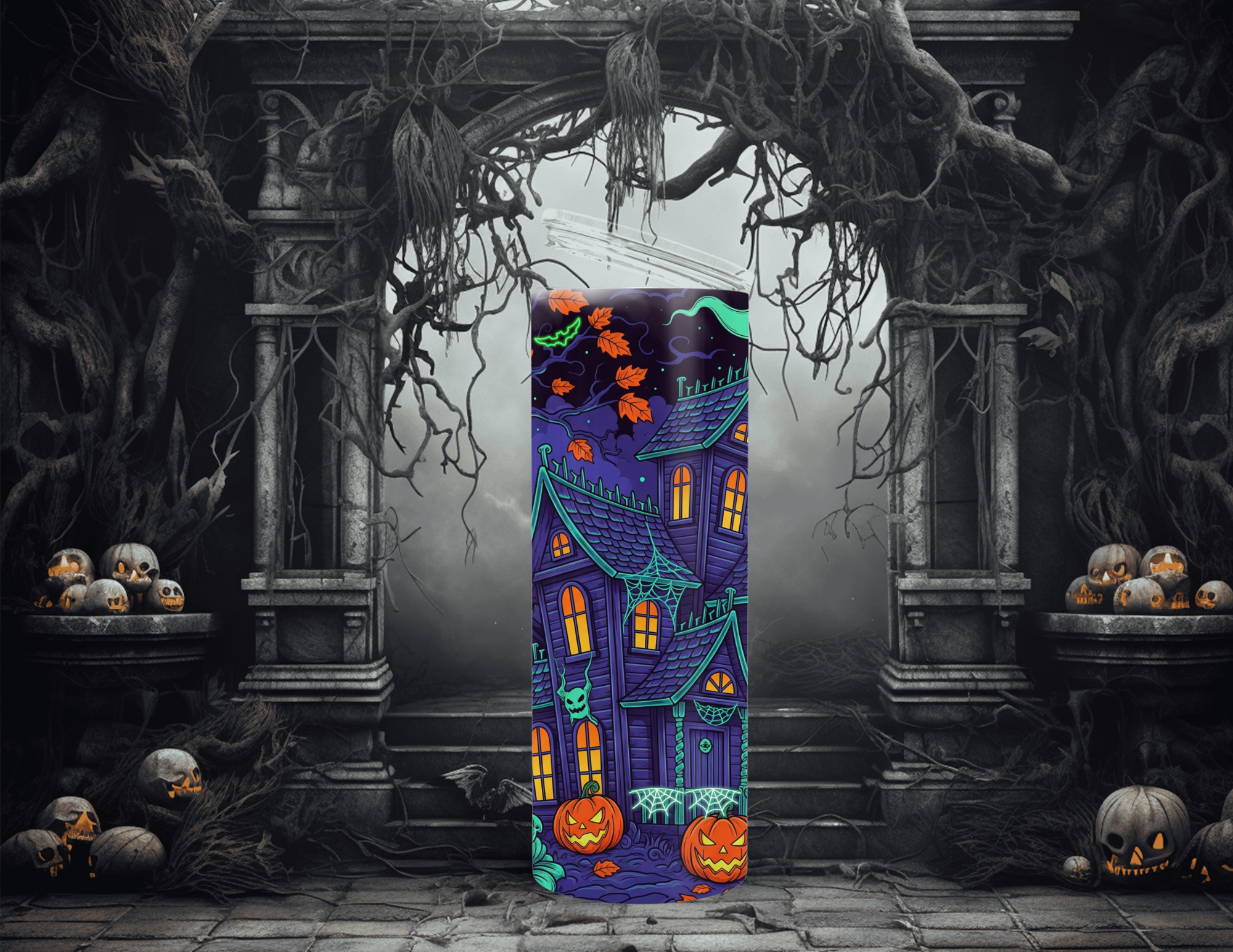 Halloween Haunted Spooky House 20oz Skinny Sublimation Tumbler