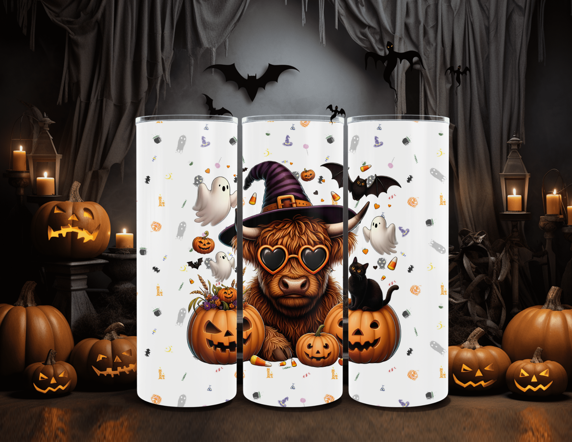 Halloween Highland Cow Heart Glasses 20oz Skinny Sublimation Tumbler