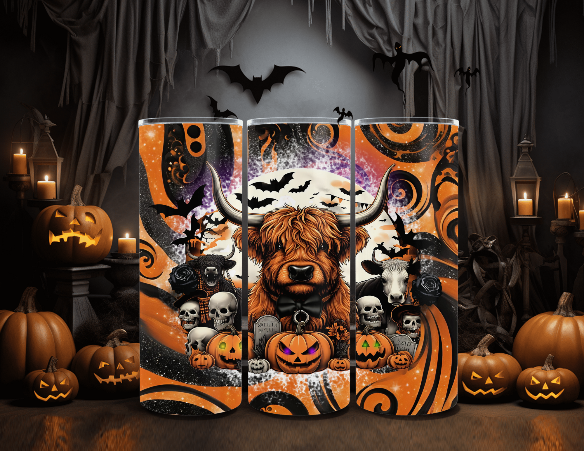 Vaso delgado de 20 oz con diseño de vaca de las Tierras Altas y calaveras para Halloween