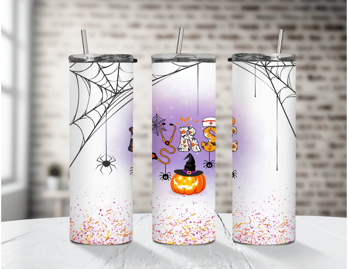 Vaso delgado de 20 oz con diseño de enfermera de Halloween