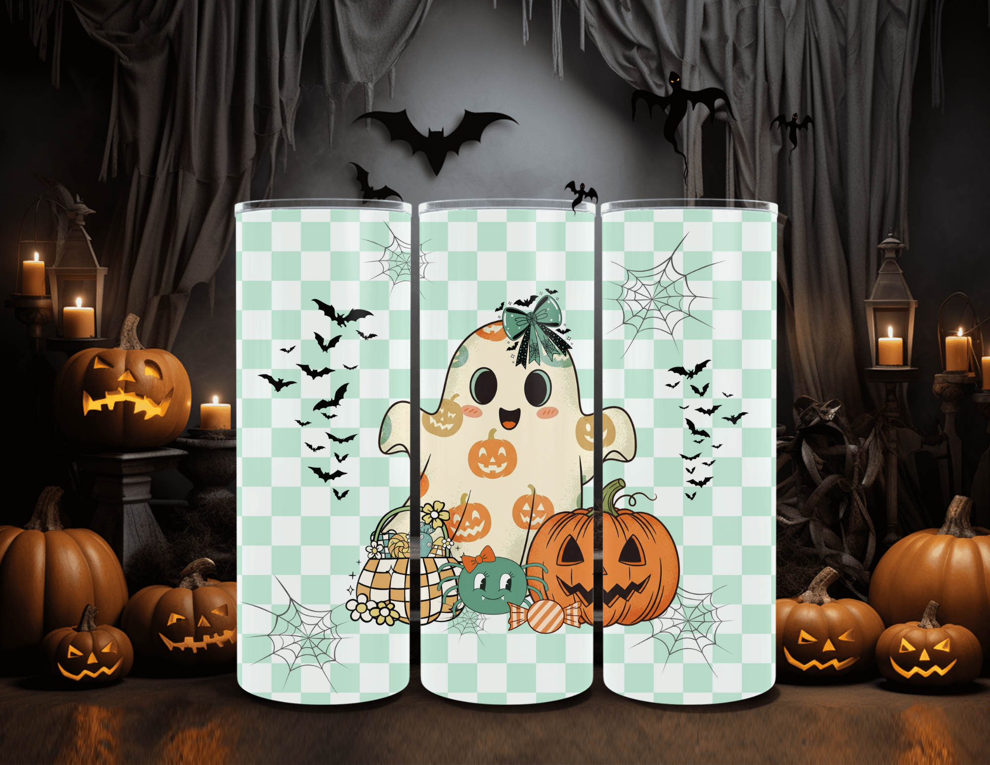 Halloween Retro Ghost Pastel Teal 20oz Skinny Sublimation Tumbler