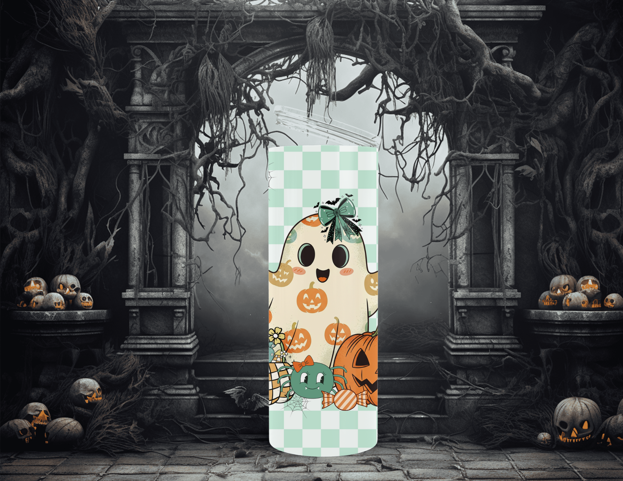 Halloween Retro Ghost Pastel Teal 20oz Skinny Sublimation Tumbler