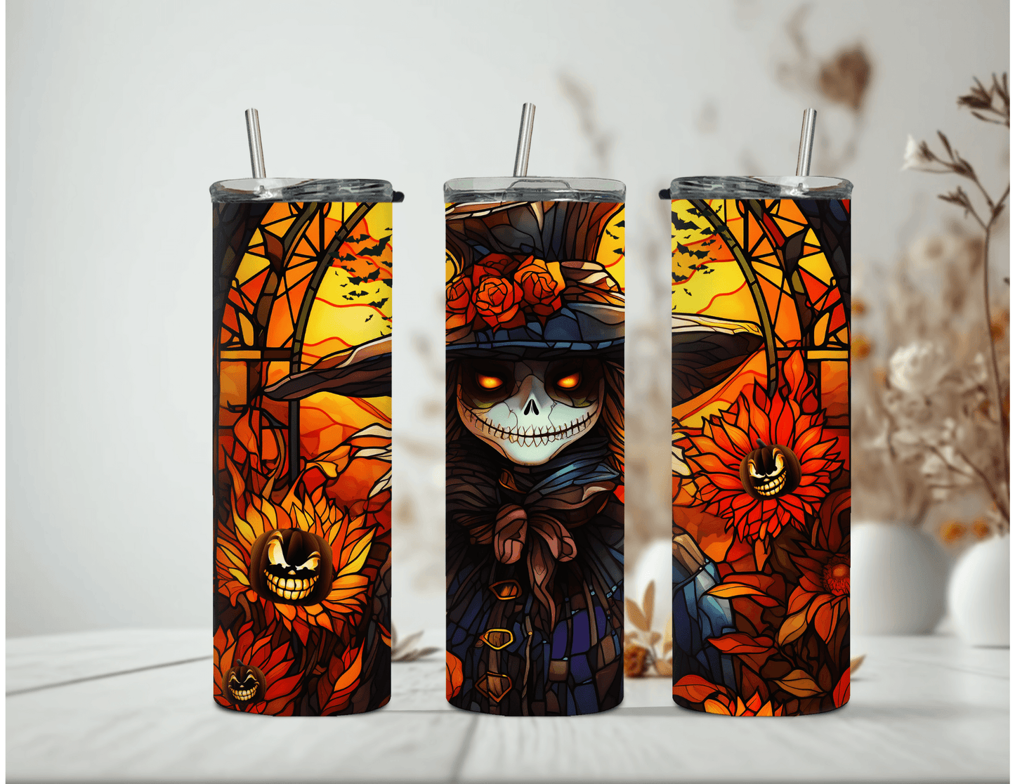 Vaso delgado de 20 oz con diseño de espantapájaros de Halloween