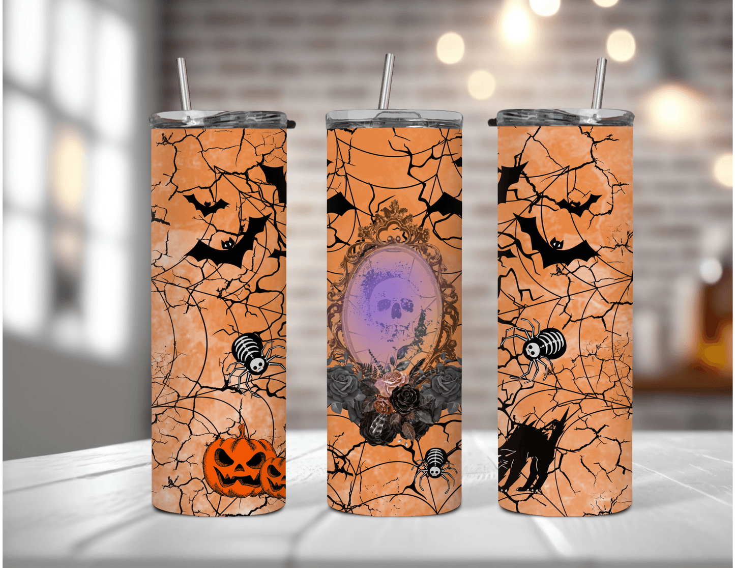 Vaso delgado de 20 oz con diseño de calavera de Halloween en espejo