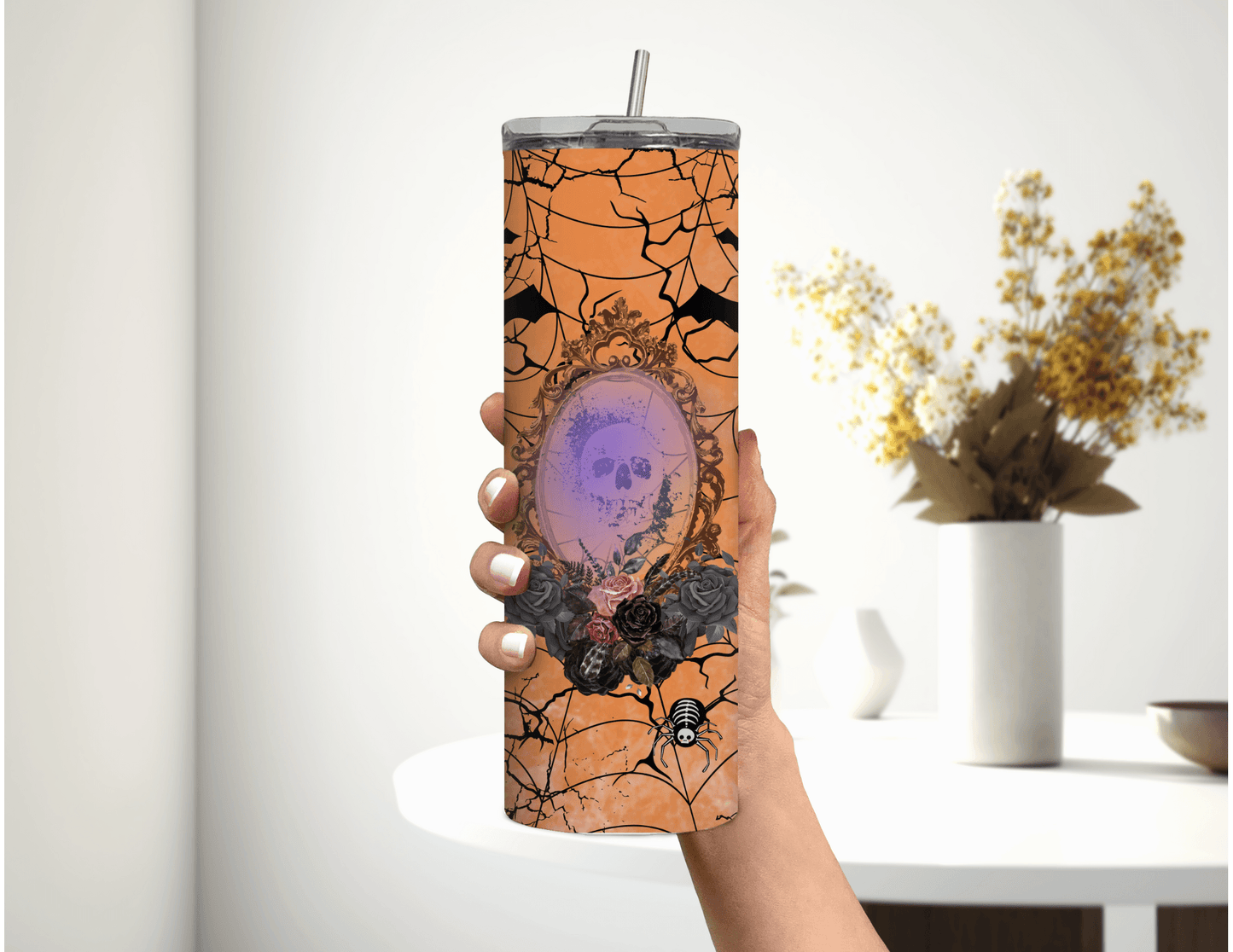 Vaso delgado de 20 oz con diseño de calavera de Halloween en espejo