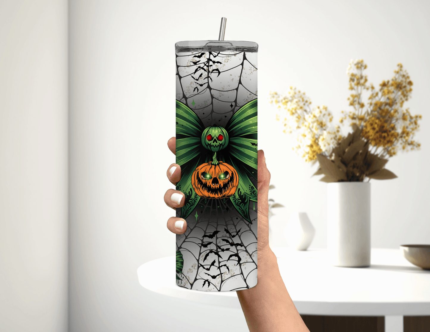 Vaso delgado de 20 oz con lazo espeluznante de Halloween