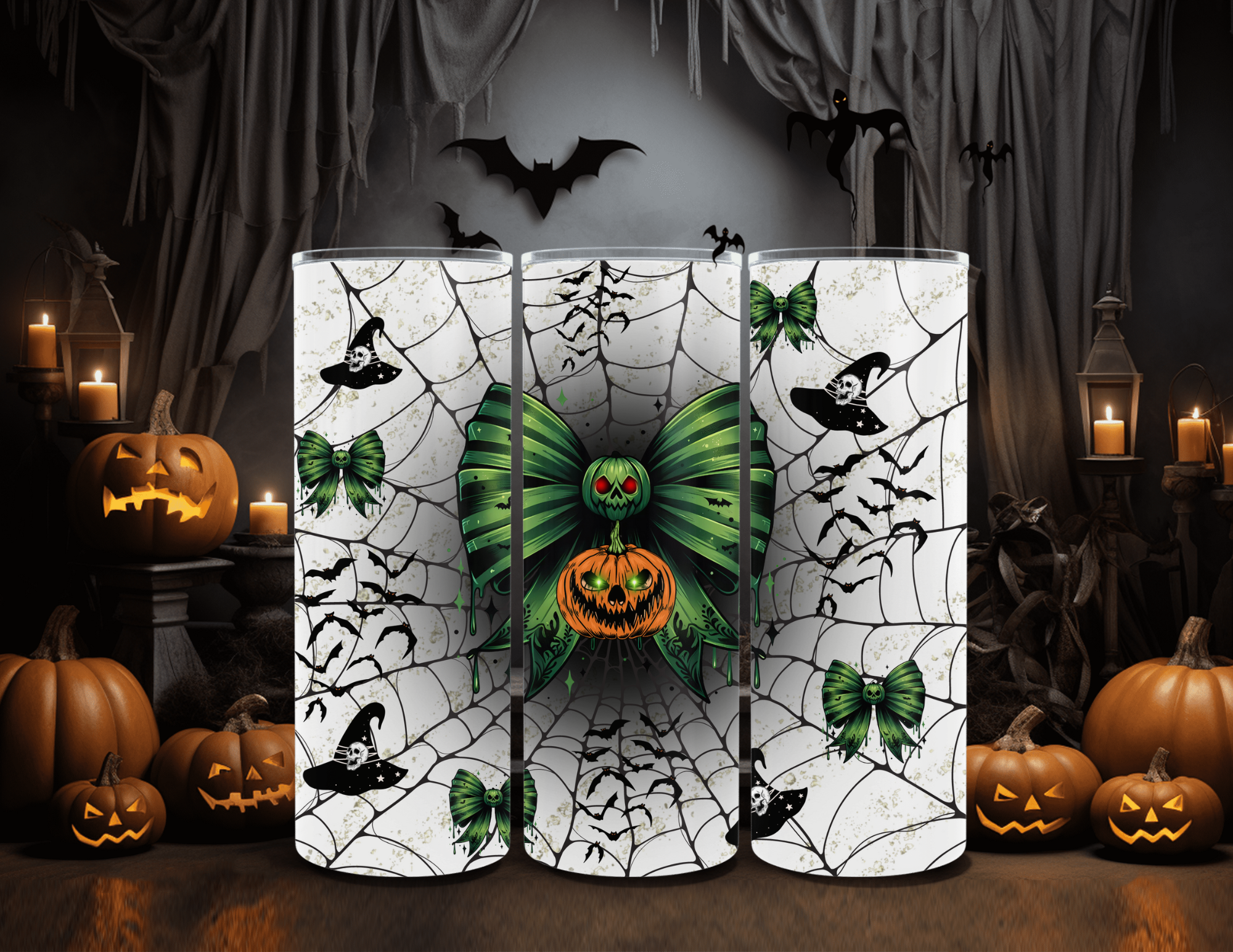 Vaso delgado de 20 oz con lazo espeluznante de Halloween