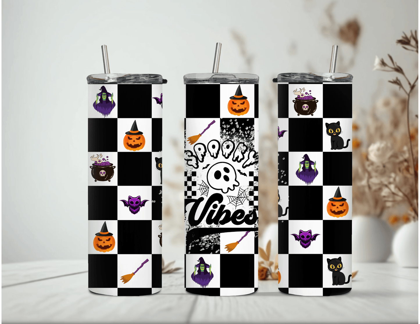 Vaso delgado de 20 oz con diseño de cuadros espeluznantes de Halloween