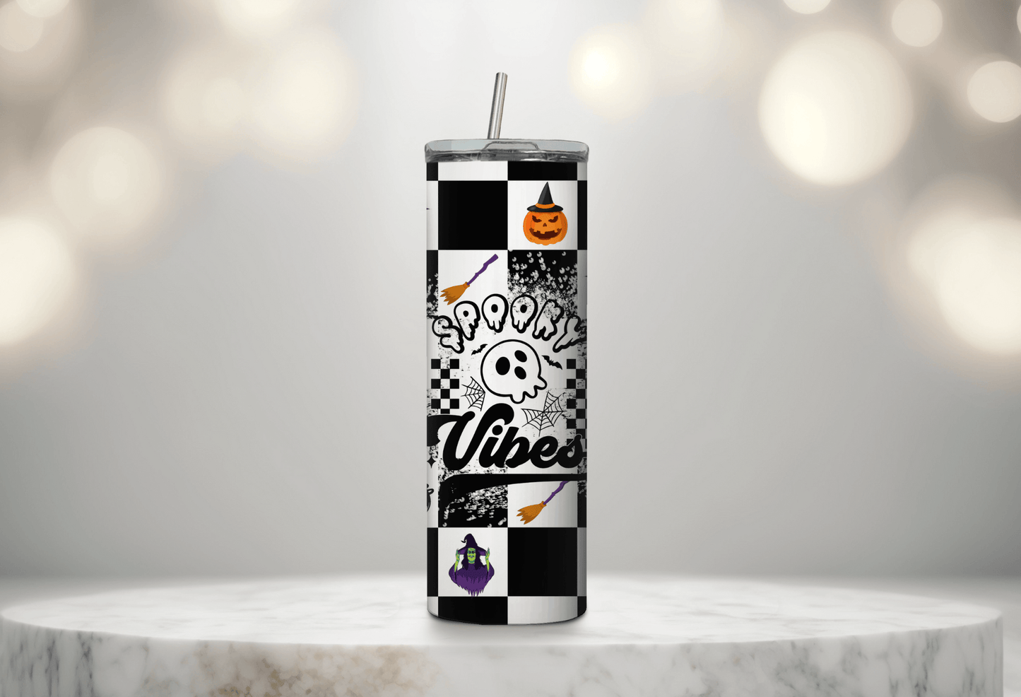 Halloween Spooky Vibes Checkerboard 20 oz Skinny Tumbler