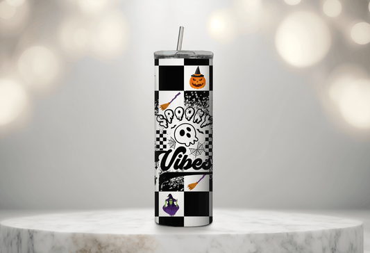 Vaso delgado de 20 oz con diseño de cuadros espeluznantes de Halloween