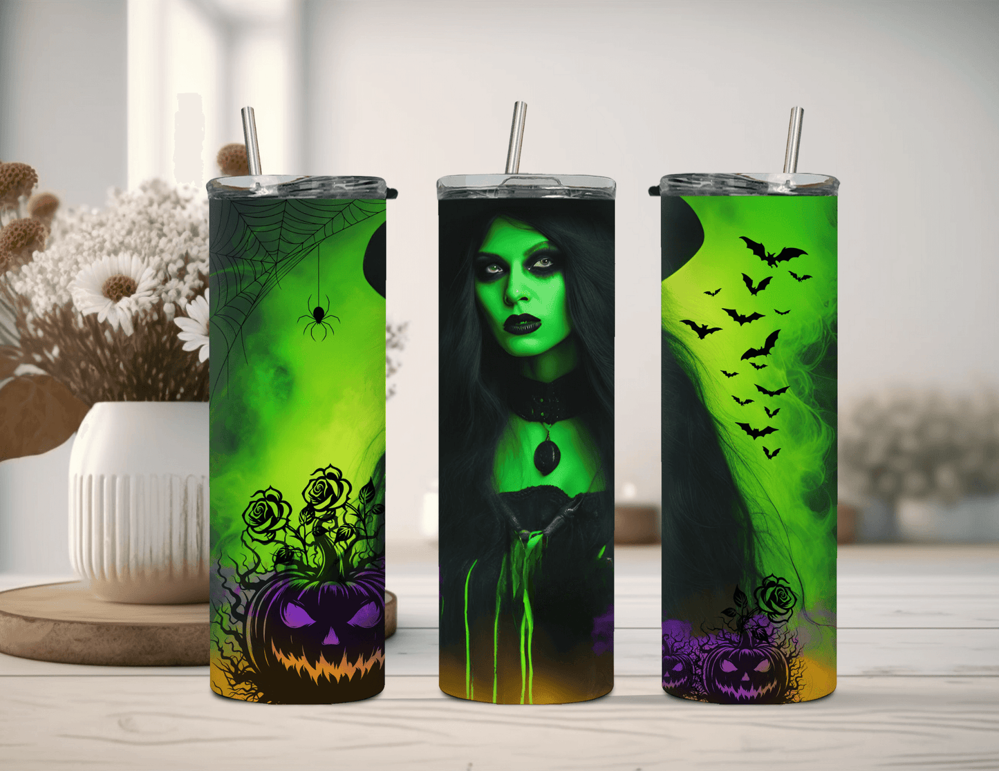 Vaso delgado de 20 oz con diseño de bruja de Halloween, color verde