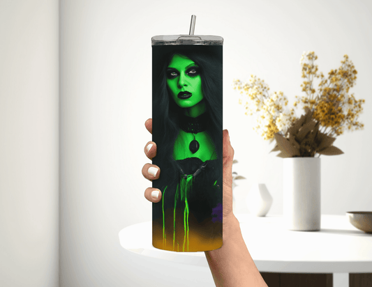 Vaso delgado de 20 oz con diseño de bruja de Halloween, color verde