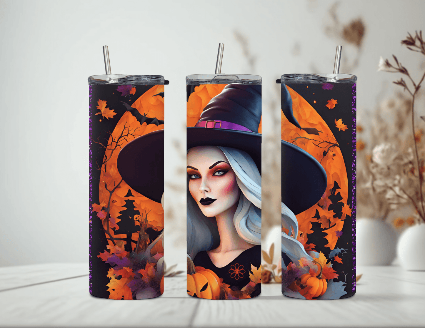 Vaso delgado de 20 oz con cabello blanco y diseño de bruja de Halloween