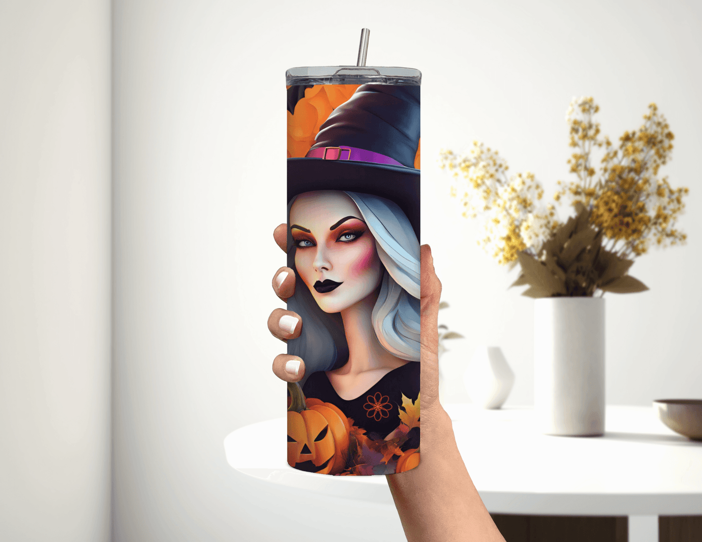 Vaso delgado de 20 oz con cabello blanco y diseño de bruja de Halloween