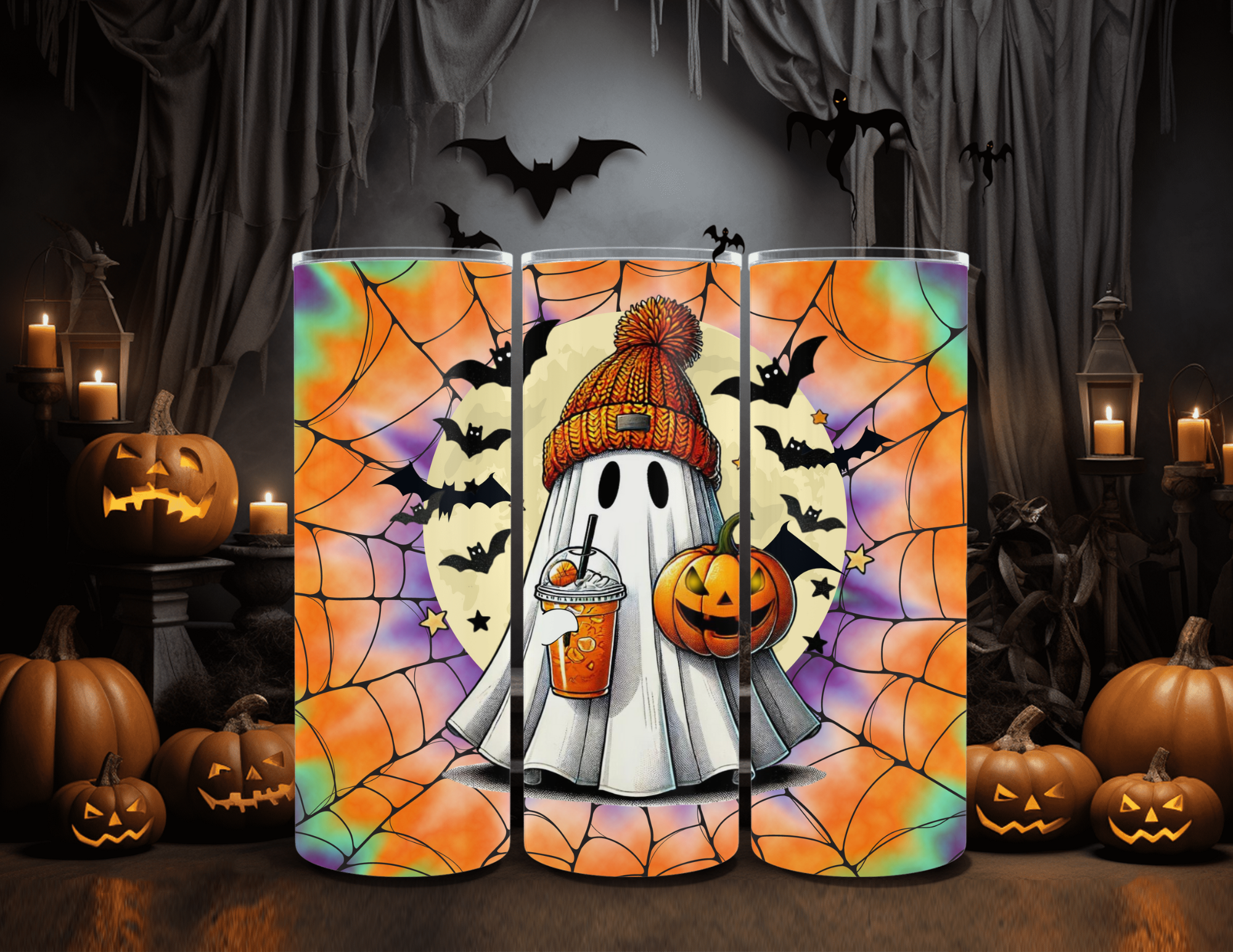 Vaso delgado de 20 oz con diseño de fantasma de Halloween y murciélagos